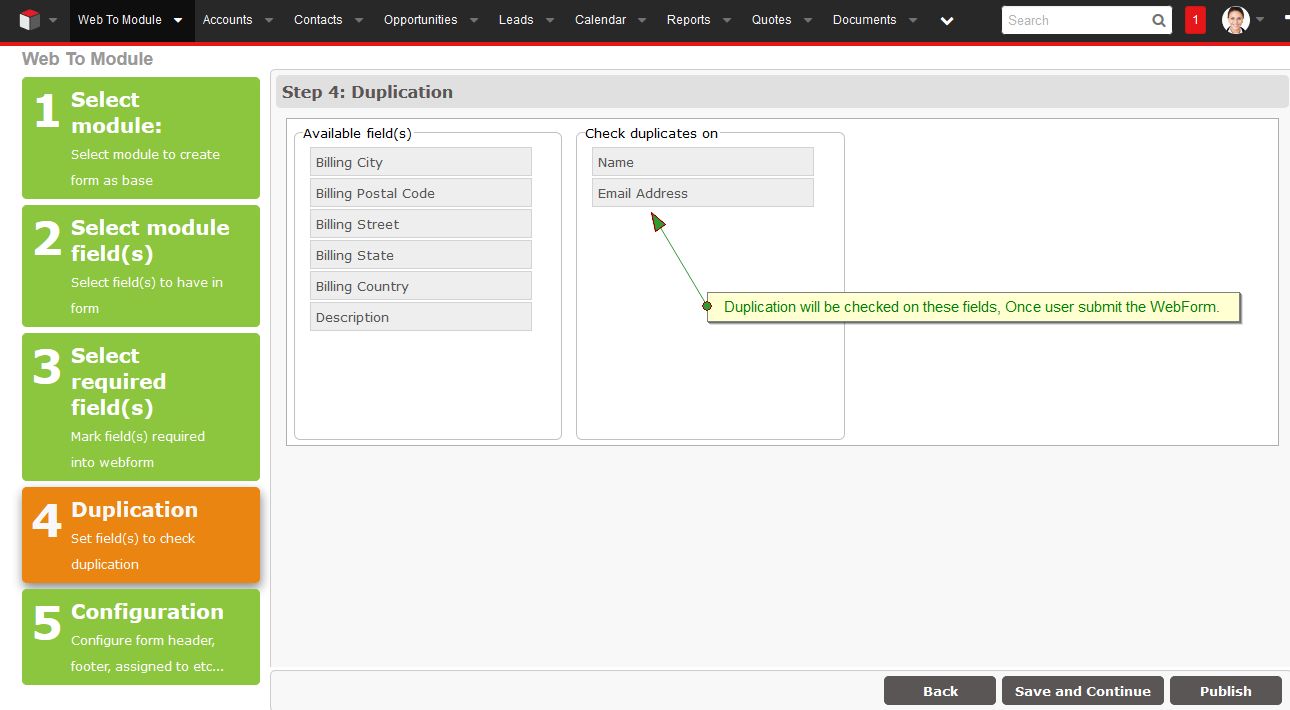 Select field(s) for duplication check