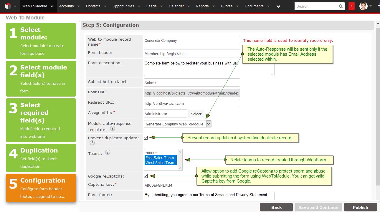 Necessary details for webform