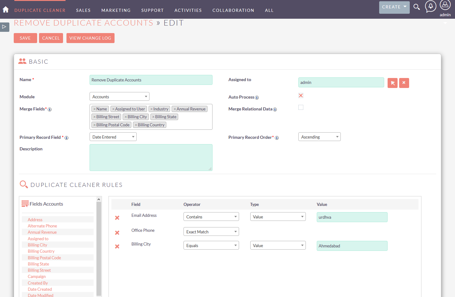 Duplicate cleaner configuraiton screen for SuiteCRM