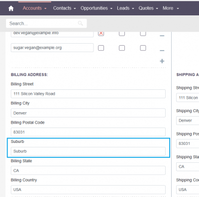 How to add a suburb or landmark to the address block in SuiteCRM 8?