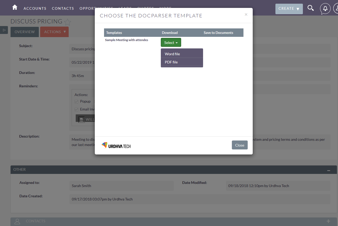 DocParser select template to download PDF/Doc