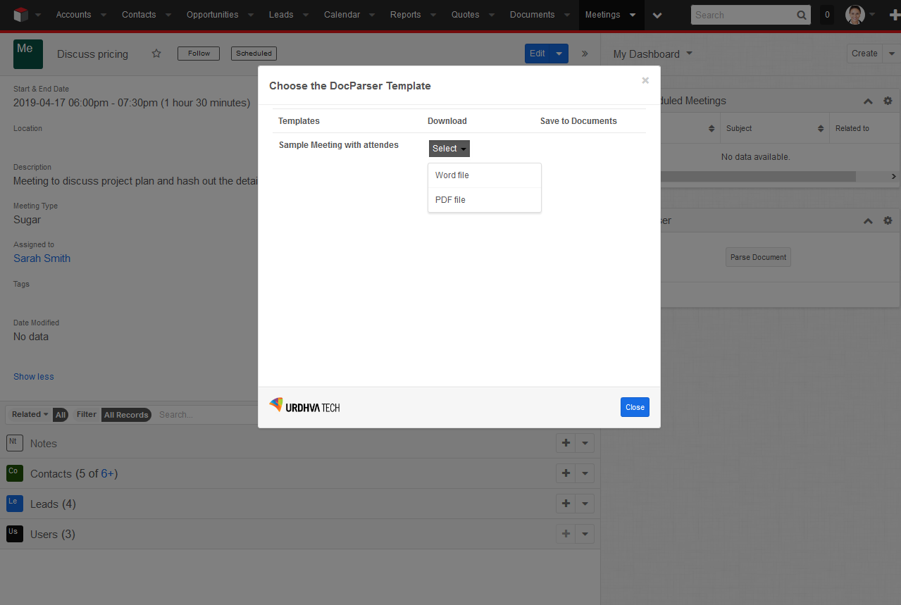 DocParser select template to download PDF/Doc