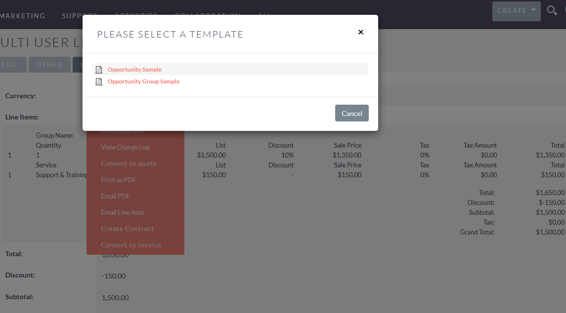 Opportunity Line Item create PDF template option