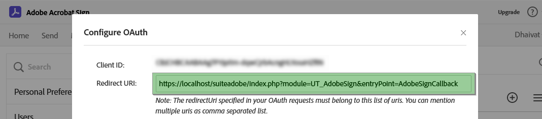 Adobe Sign configure OAuth redirect url