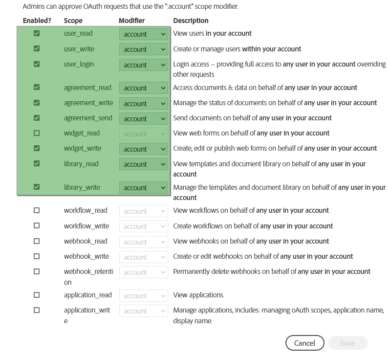 Adobe Sign configure OAuth scope