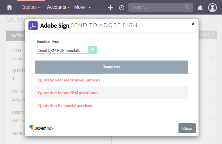 SuiteCRM Adobe Sign Quote PDF template sending SuiteCRM Adobe Sign PDF template