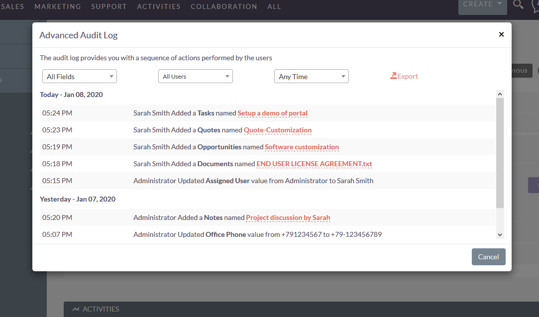 SuiteCRM Advanced audit log