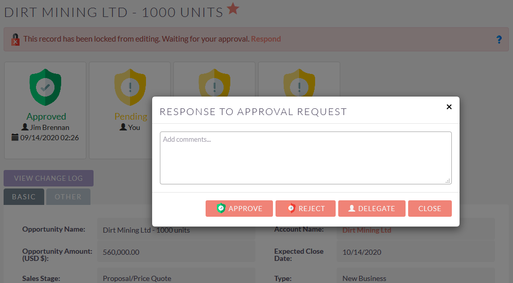 Approval process management for suitecrm