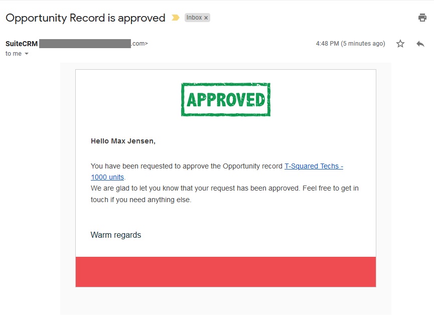 SuiteCRM Approval Process - Final Approval Requester Email Alert