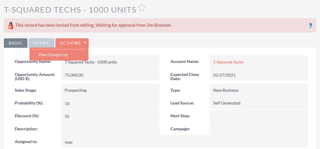 SuiteCRM Approval Process - Locked Record DetailView Non Admin