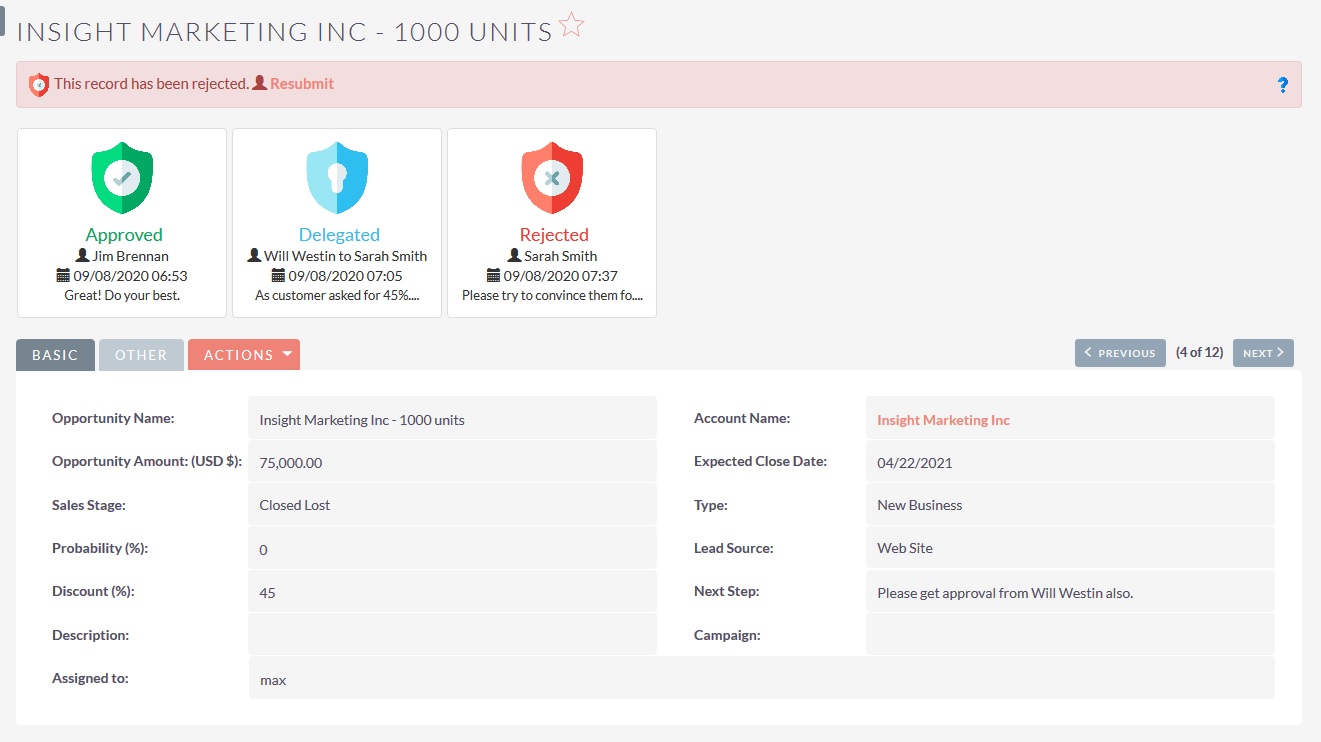 SuiteCRM Approval Process - Rejected Record DetailView