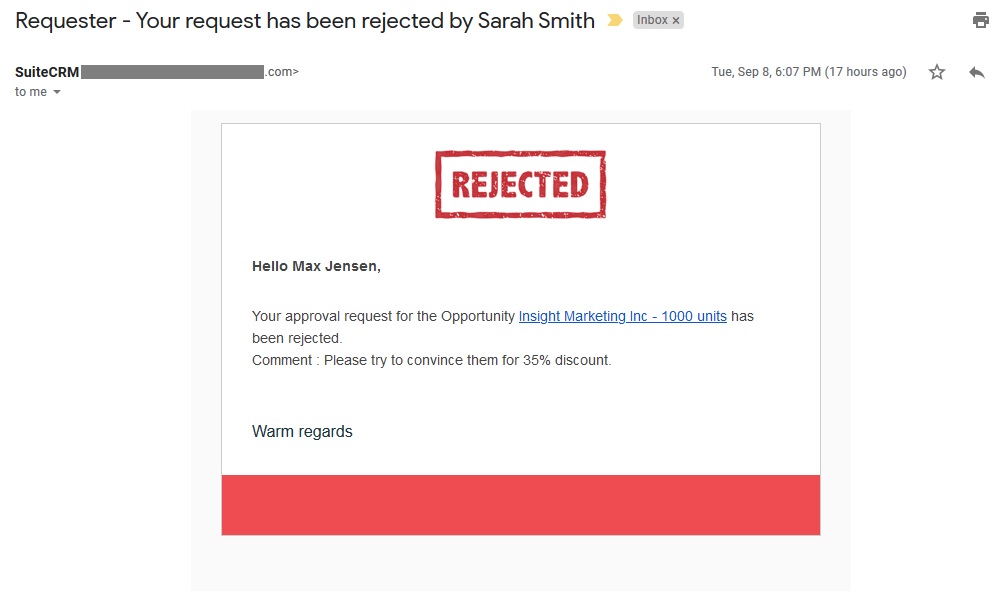 SuiteCRM Approval Process - Rejection Requester Email Alert