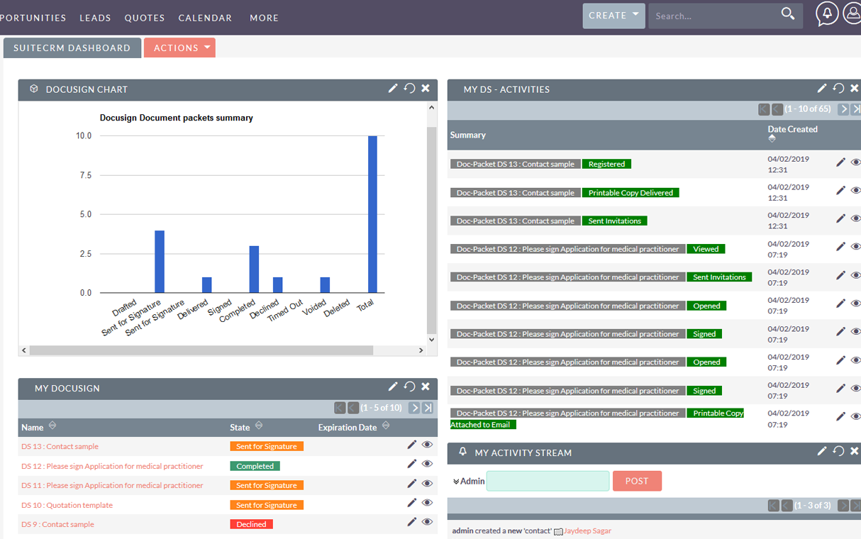 DocuSign SuiteCRM Dashlet