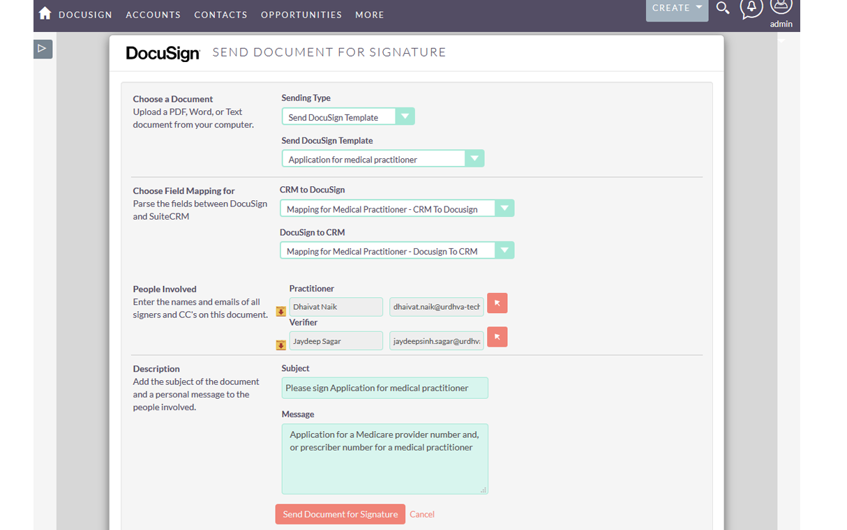 DocuSign SuiteCRM send document