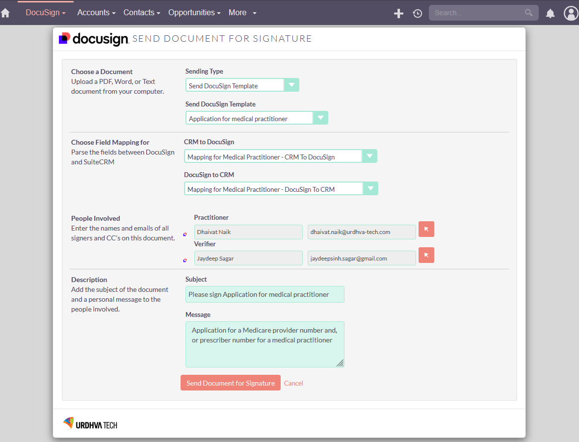 DocuSign SuiteCRM send document