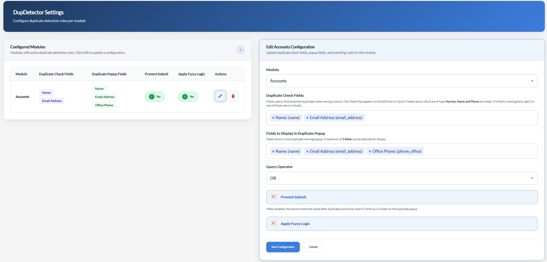 Dupdetector configutation layout