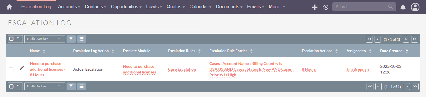 SuiteCRM Case Escalation log lists