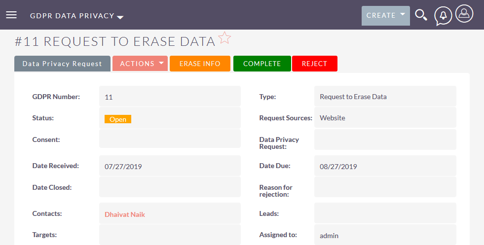 SuiteCRM GDPR Request for erasure