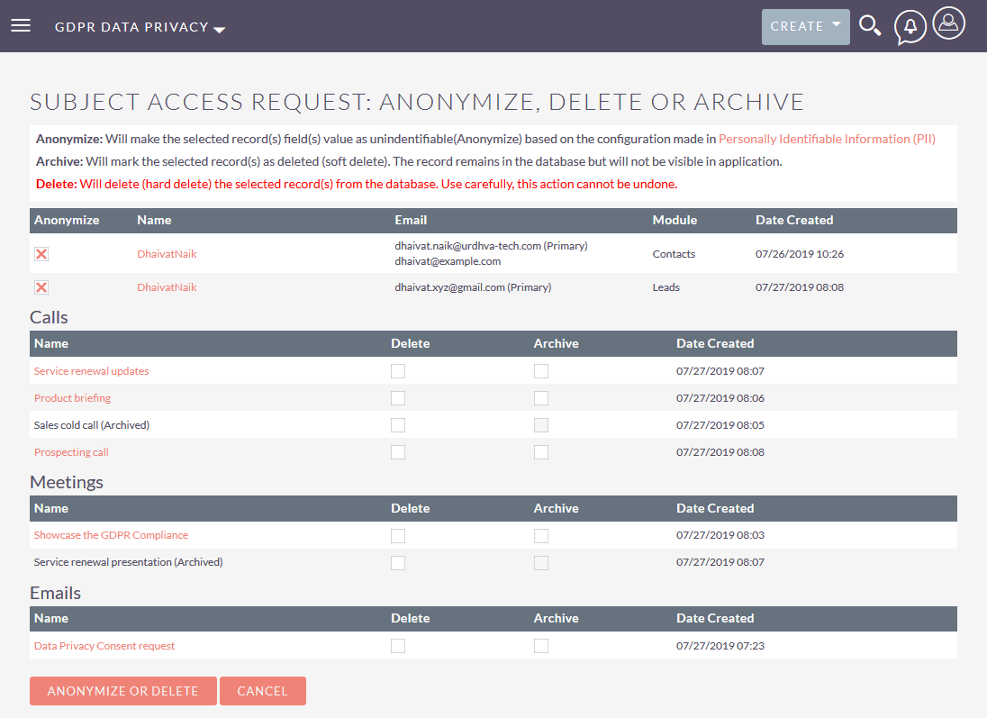 Suitecrm GDPR request for erasure, anonymize, archive or delete