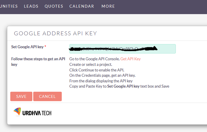 Google address map for SuiteCRM api key