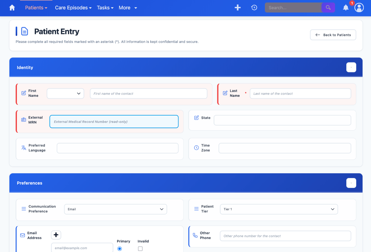 Patient Entry and Identity Management Interface SuiteCRM Patient Entry Form - Healthcare patient registration and identity management interface showing patient profile creation