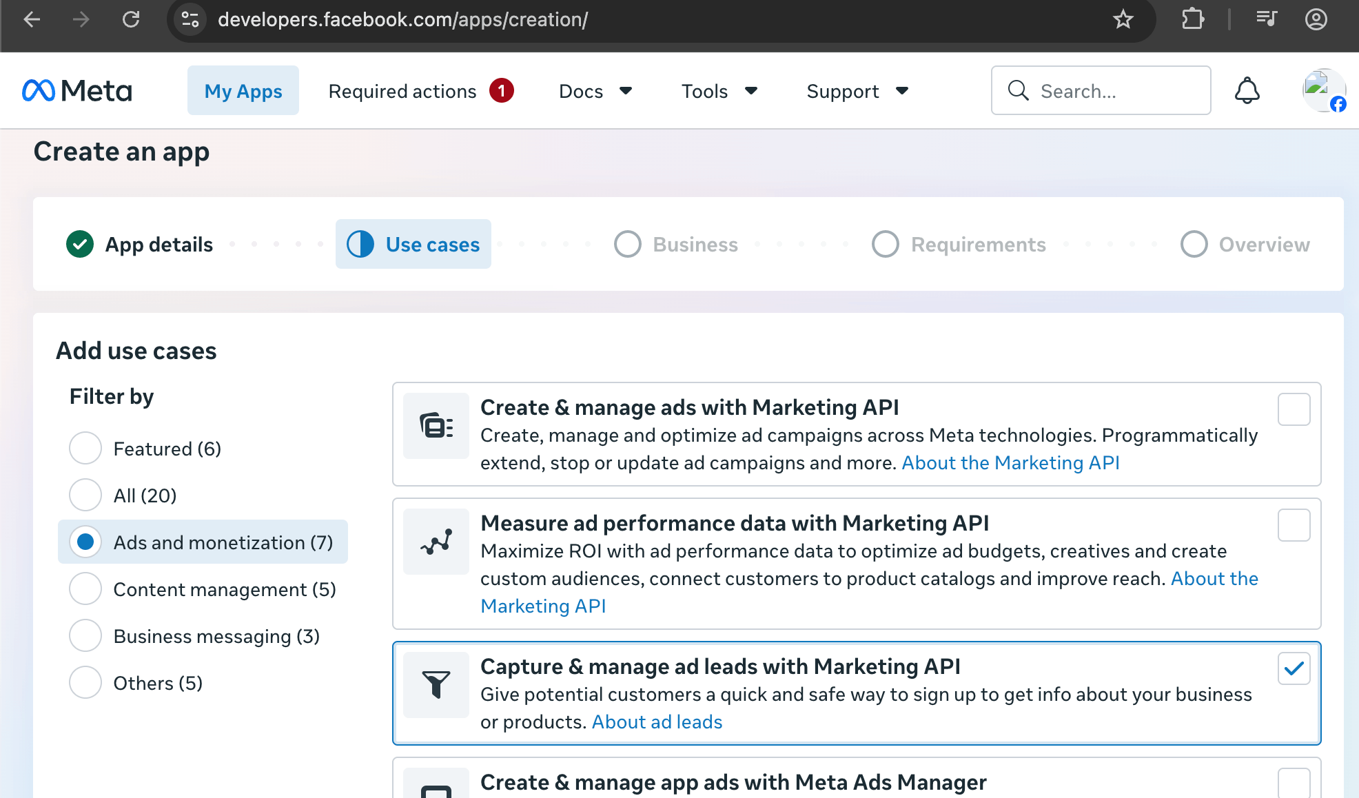 Meta Create app screen with Capture and manage ad leads with Marketing API selected