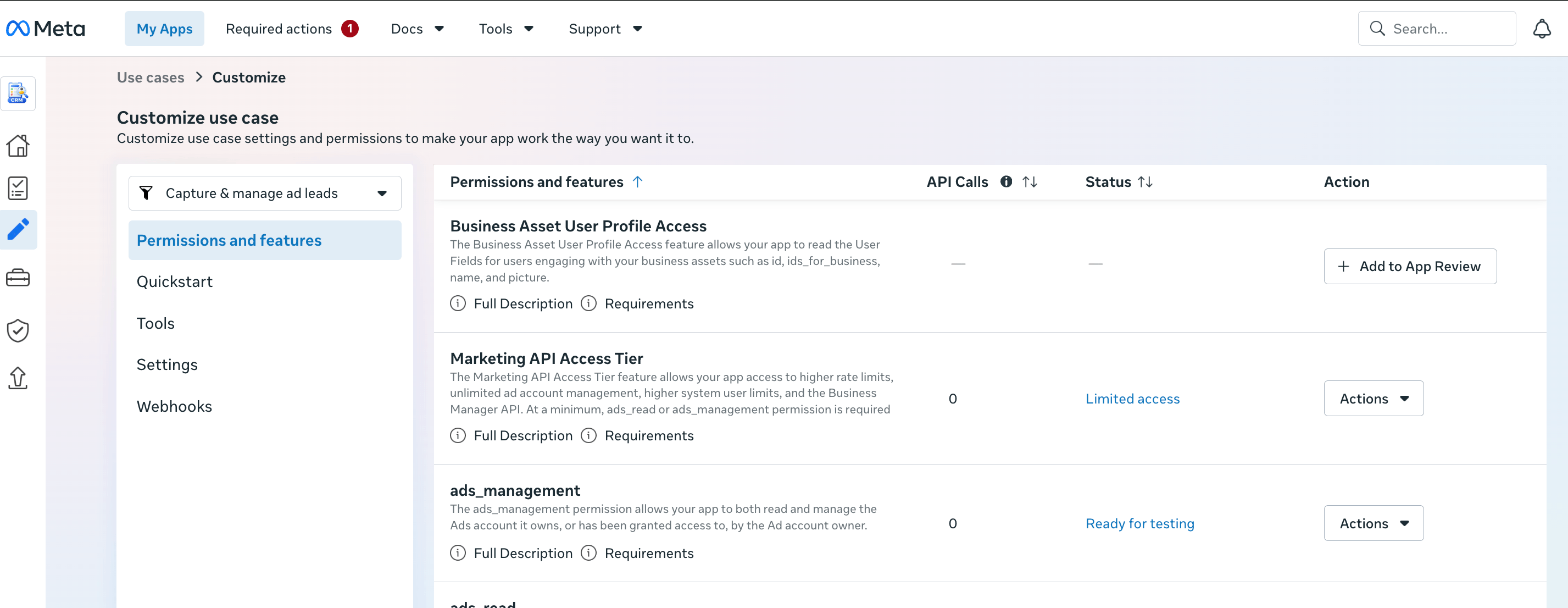 Meta use case Customize Permissions and features with pages_manage_metadata added