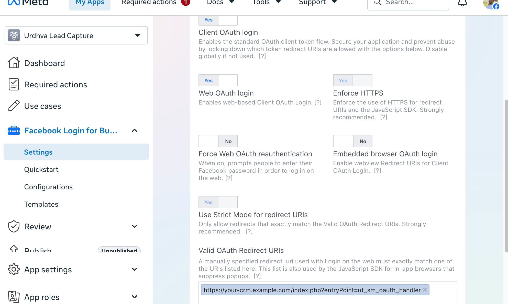 Facebook Login for Business Valid OAuth Redirect URIs with SuiteCRM ut_sm_oauth_handler URL