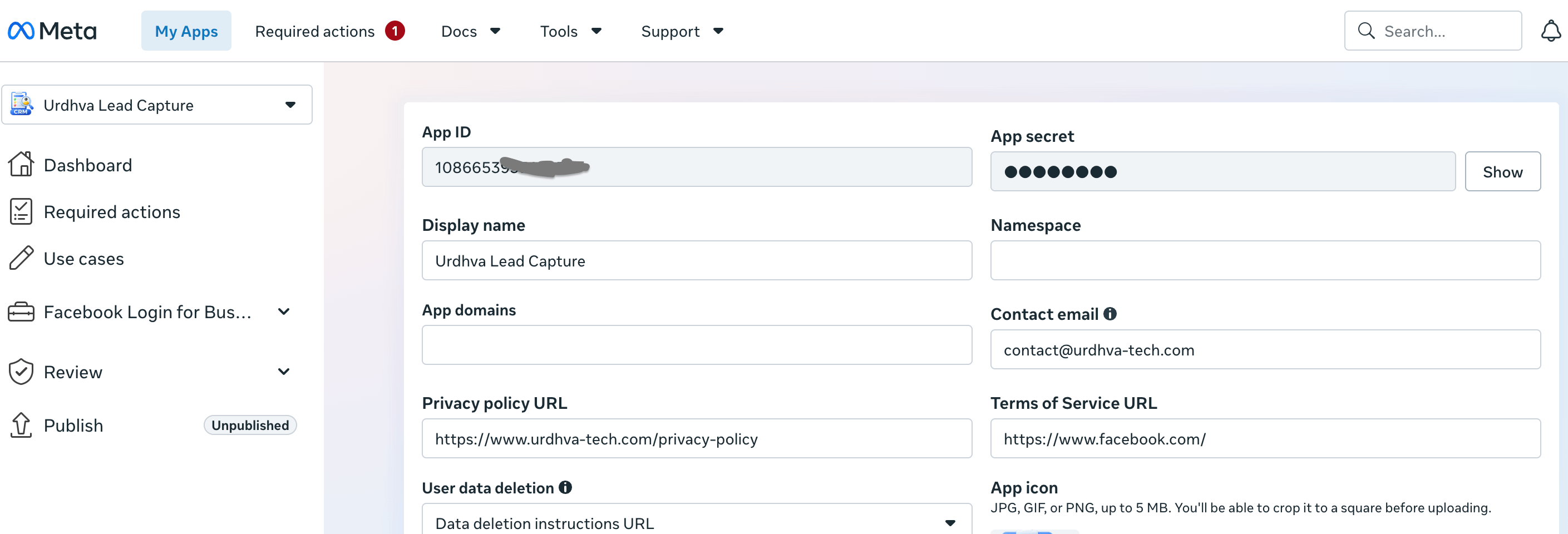 Meta App settings Basic showing App ID and App Secret fields