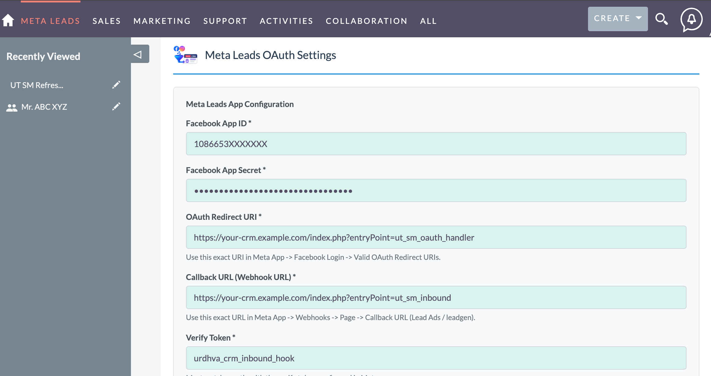 SuiteCRM Admin Meta Leads App Configuration form with App ID, Secret, Redirect URI, Callback URL, Verify Token