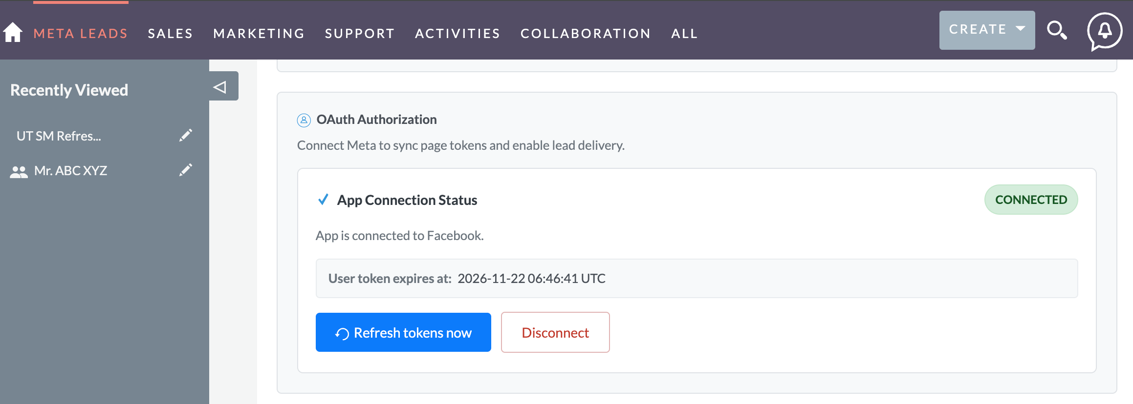 SuiteCRM Meta Leads OAuth Authorization section showing Connected status