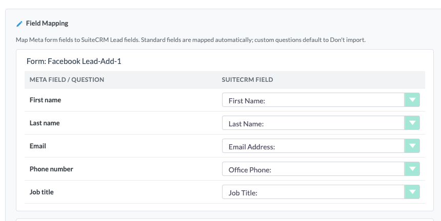 SuiteCRM Meta Leads Field Mapping table mapping Meta questions to Lead fields