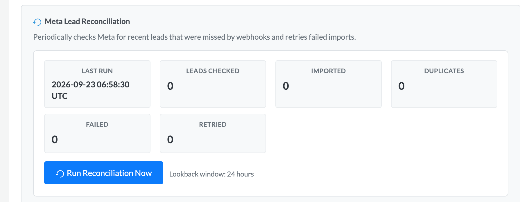 SuiteCRM Meta Leads Reconciliation section with Run Reconciliation Now and stats