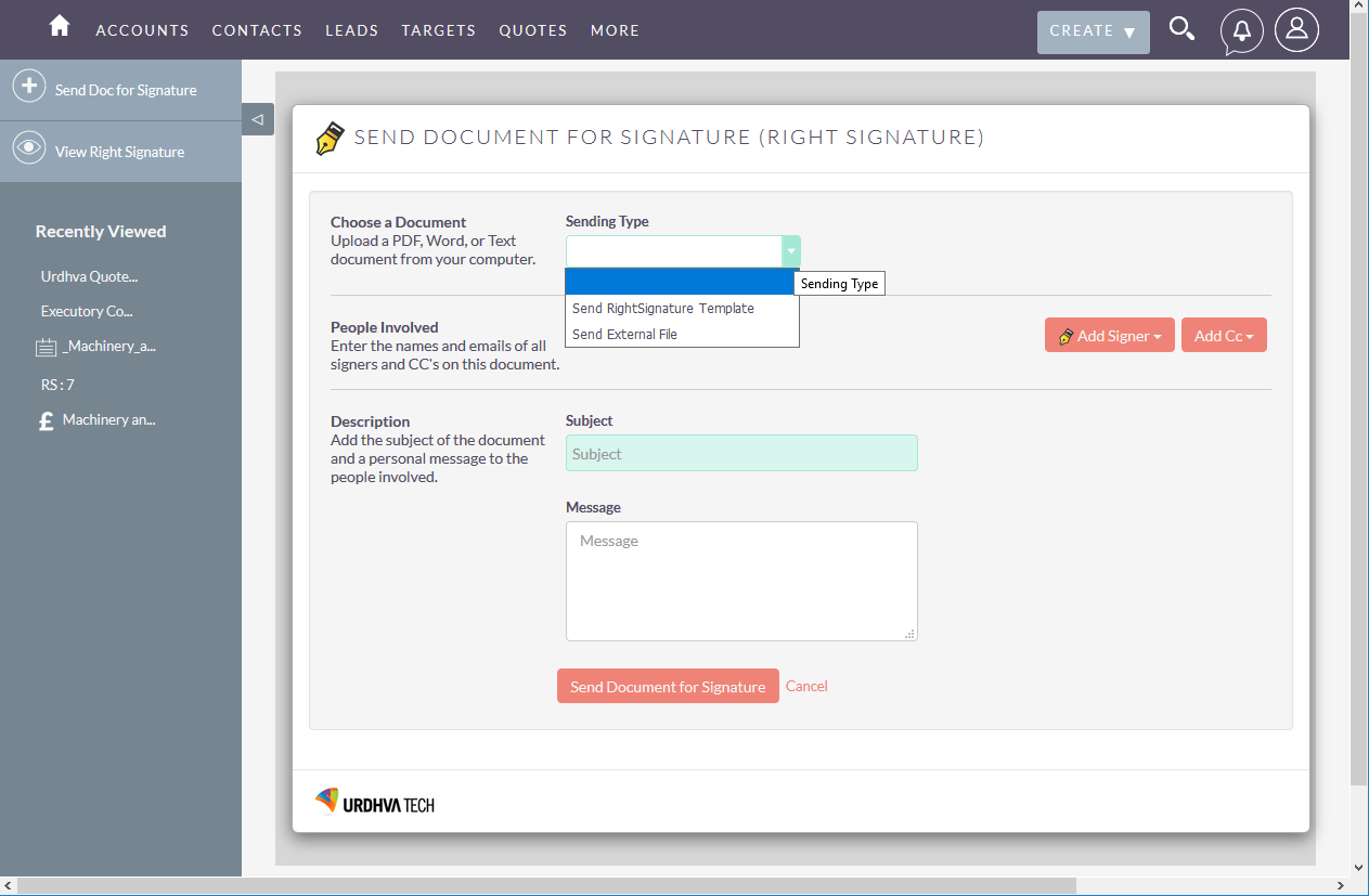 RightSignature SuiteCRM send document