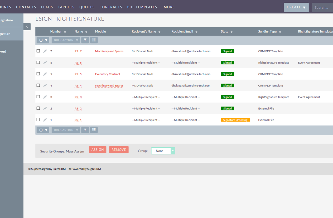 RightSignature SuiteCRM listview