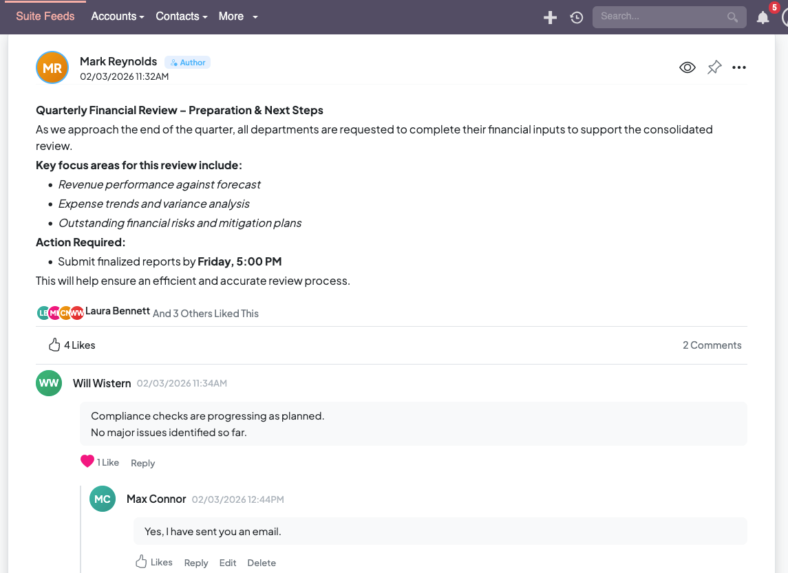 Suite Feed SuiteCRM dashboard interface showing social activity feed with team posts, events, polls, and collaboration features integrated within CRM