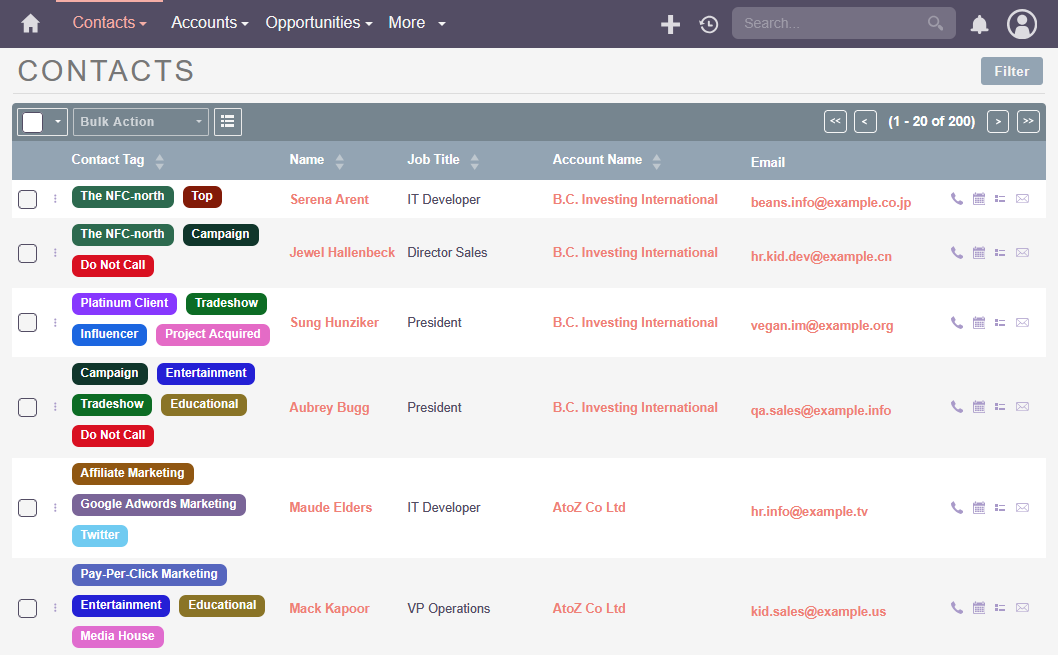 SuiteCRM tag management list view with search option