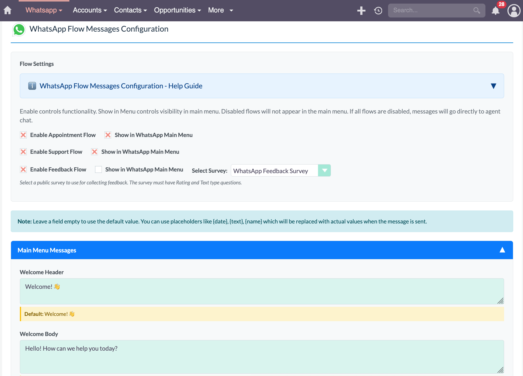 WhatsApp Flow Messages Settings in SuiteCRM SuiteCRM Flow Messages Settings page with options to enable Appointment, Support, Marketing, and Feedback flows