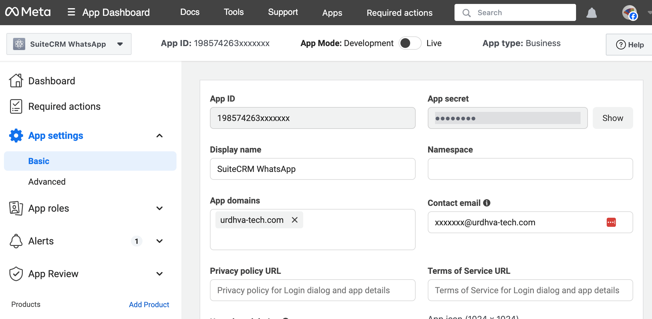 Meta for Developers Dashboard - App ID and App Secret Meta for Developers Dashboard showing the WhatsApp Business App with App ID and App Secret fields