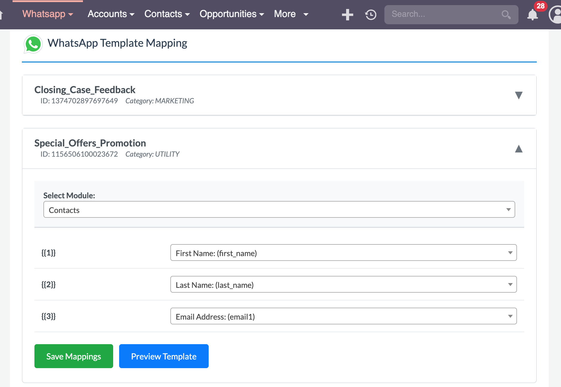 WhatsApp Template Mapping Configuration in SuiteCRM SuiteCRM Template Mapping Configuration page showing how to map WhatsApp template parameters to CRM fields