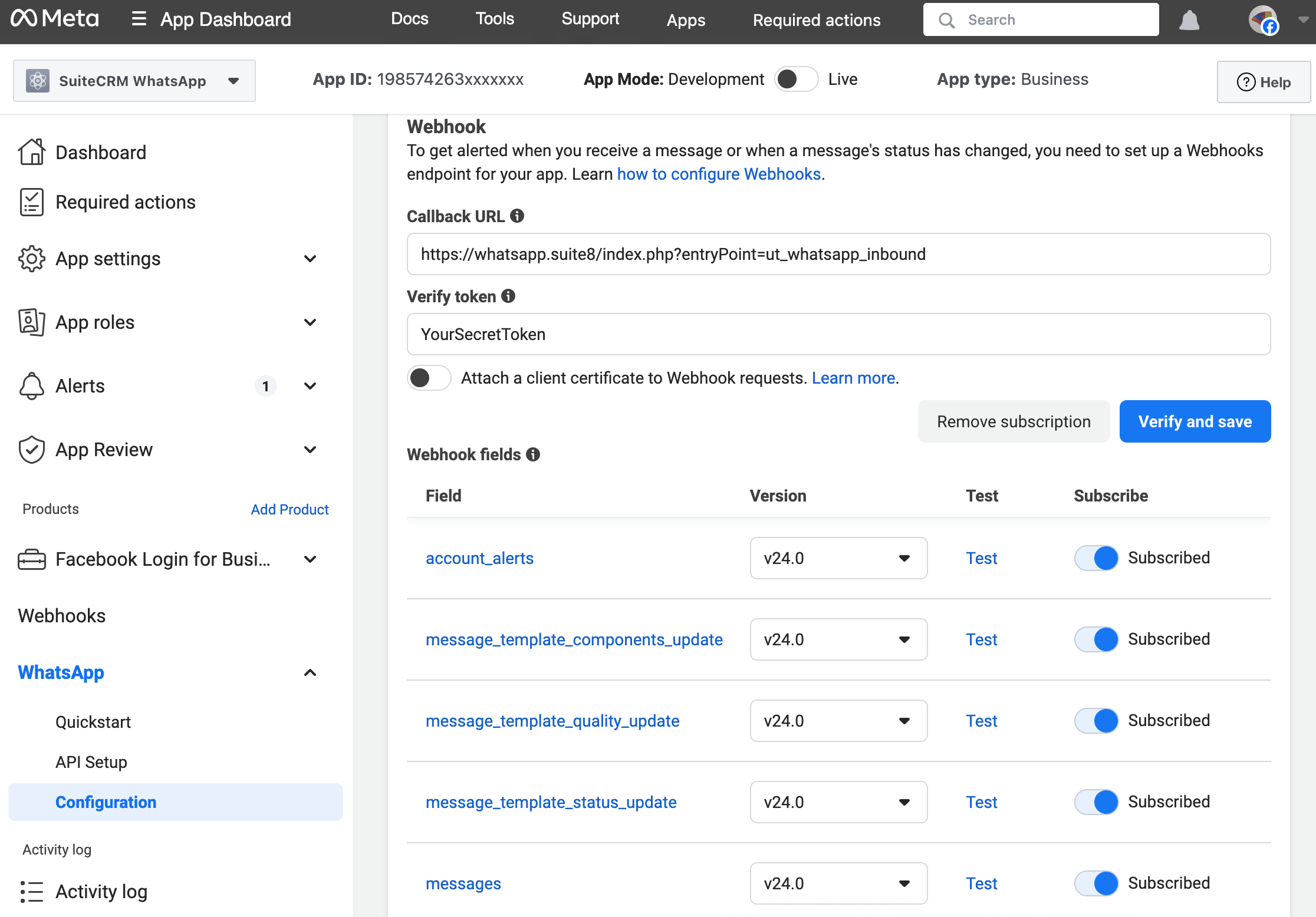 Webhook Configuration in Meta for Developers Meta for Developers Webhook Configuration page showing Callback URL and Verify Token fields