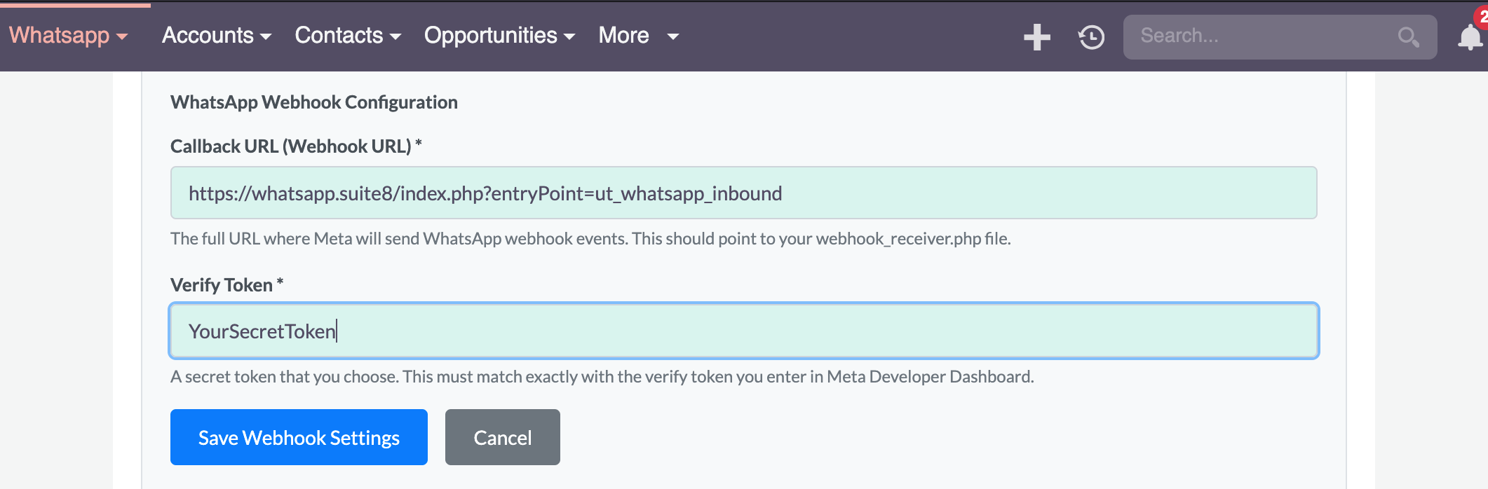 Webhook Configuration in SuiteCRM SuiteCRM Webhook Configuration page displaying Webhook URL and Verify Token to copy