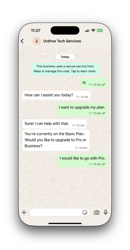 WhatsApp customer interaction with SuiteCRM agent WhatsApp customer interaction on iPhone showing SuiteCRM integration