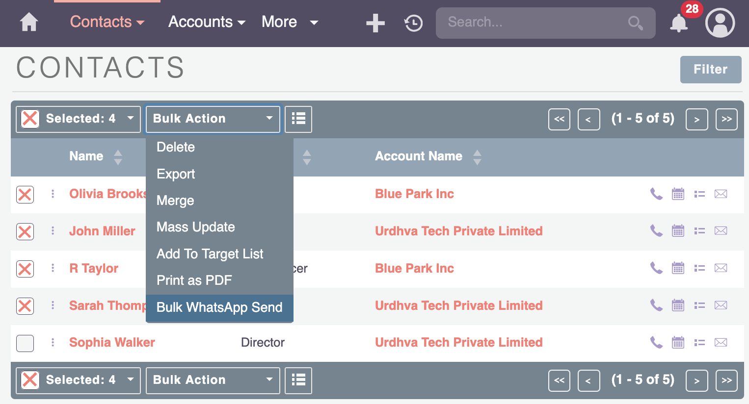 Selecting Contacts for WhatsApp Bulk Messaging SuiteCRM Contacts list view with multiple contacts selected and WhatsApp Bulk Send option in Bulk Actions dropdown