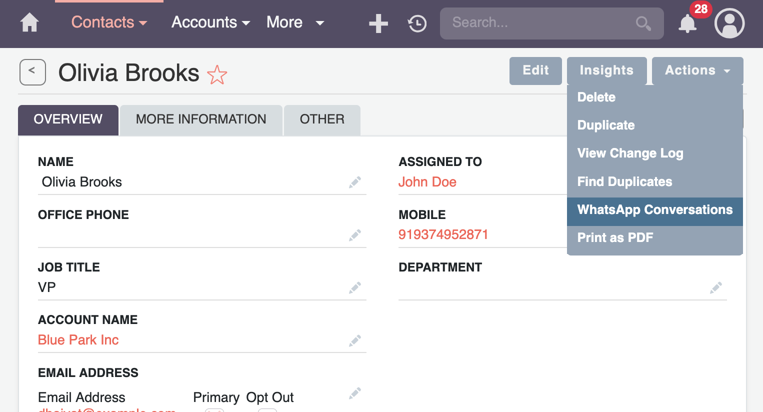 WhatsApp Conversation Button on Contact Record SuiteCRM Contact record detail page showing WhatsApp Conversation button for quick messaging