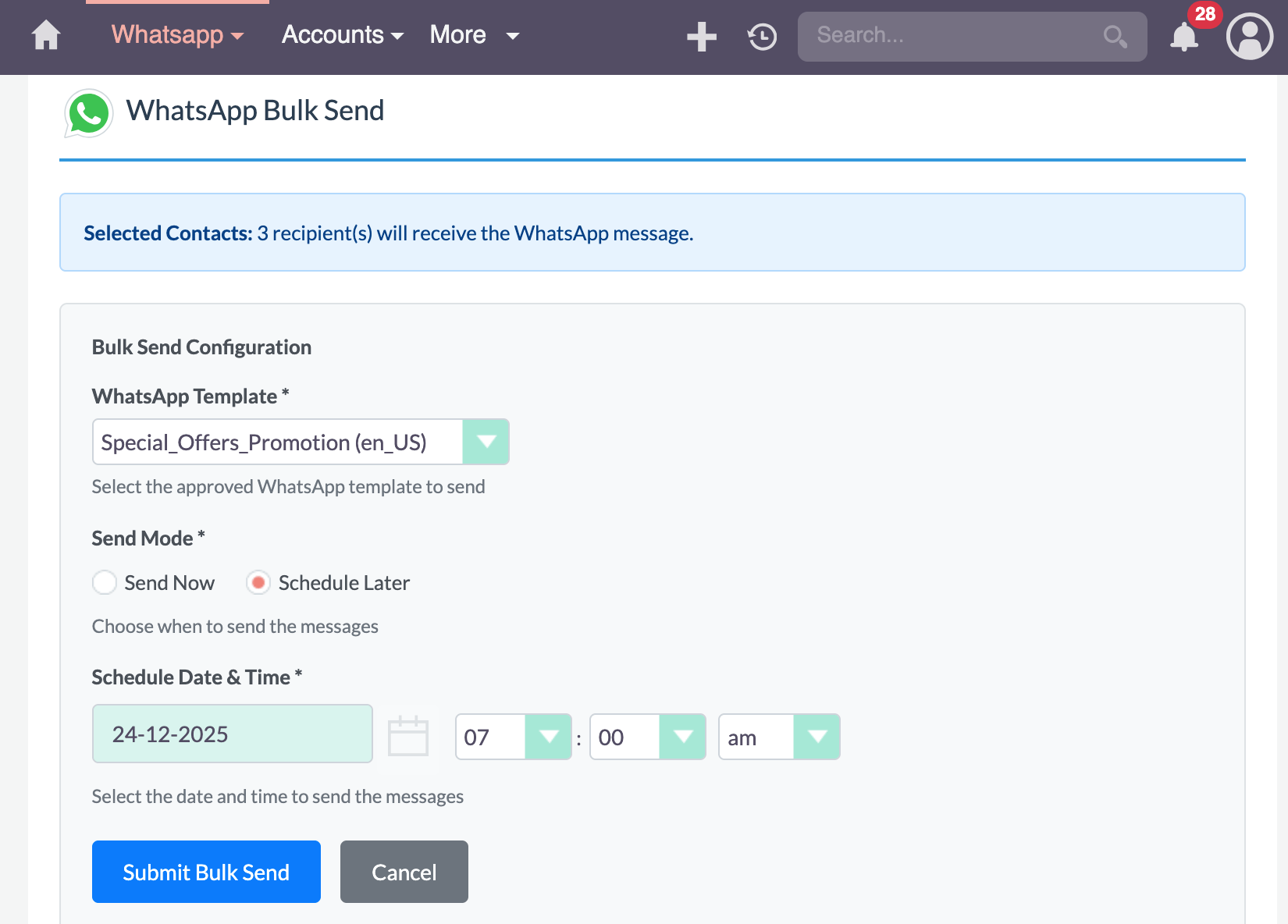 WhatsApp Bulk Send Page - Template Selection and Scheduling WhatsApp Bulk Send page showing template selection, Send Now and Schedule Later options with selected contacts