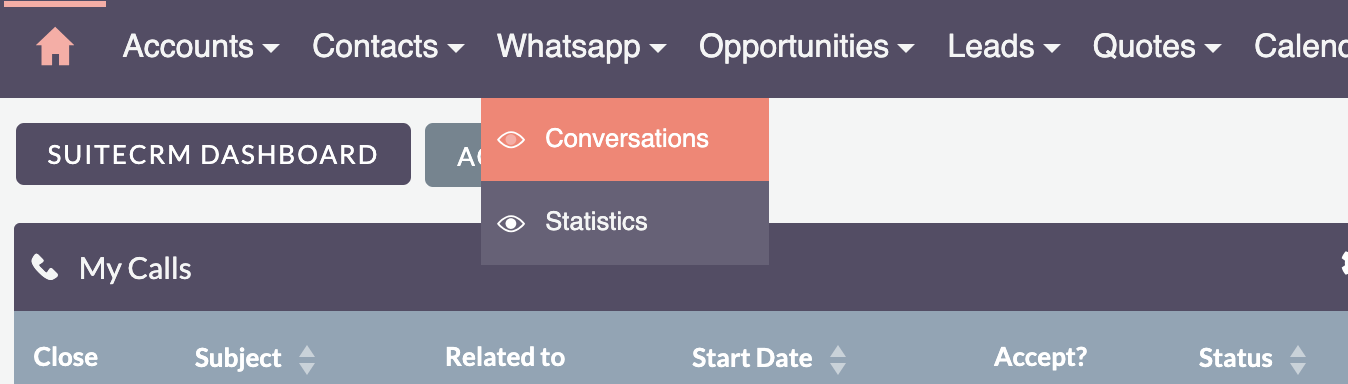 WhatsApp Menu in SuiteCRM Navigation WhatsApp menu location in SuiteCRM navigation bar showing Conversations, Statistics, and Configuration options