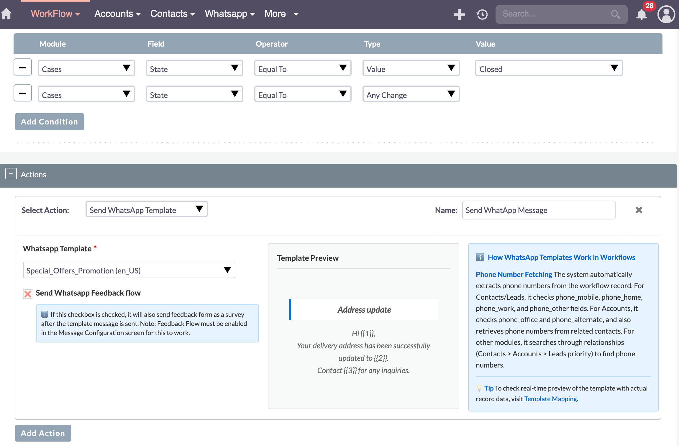 WhatsApp Workflow Action Configuration in SuiteCRM SuiteCRM Workflow configuration showing Send WhatsApp Message action with template selection options