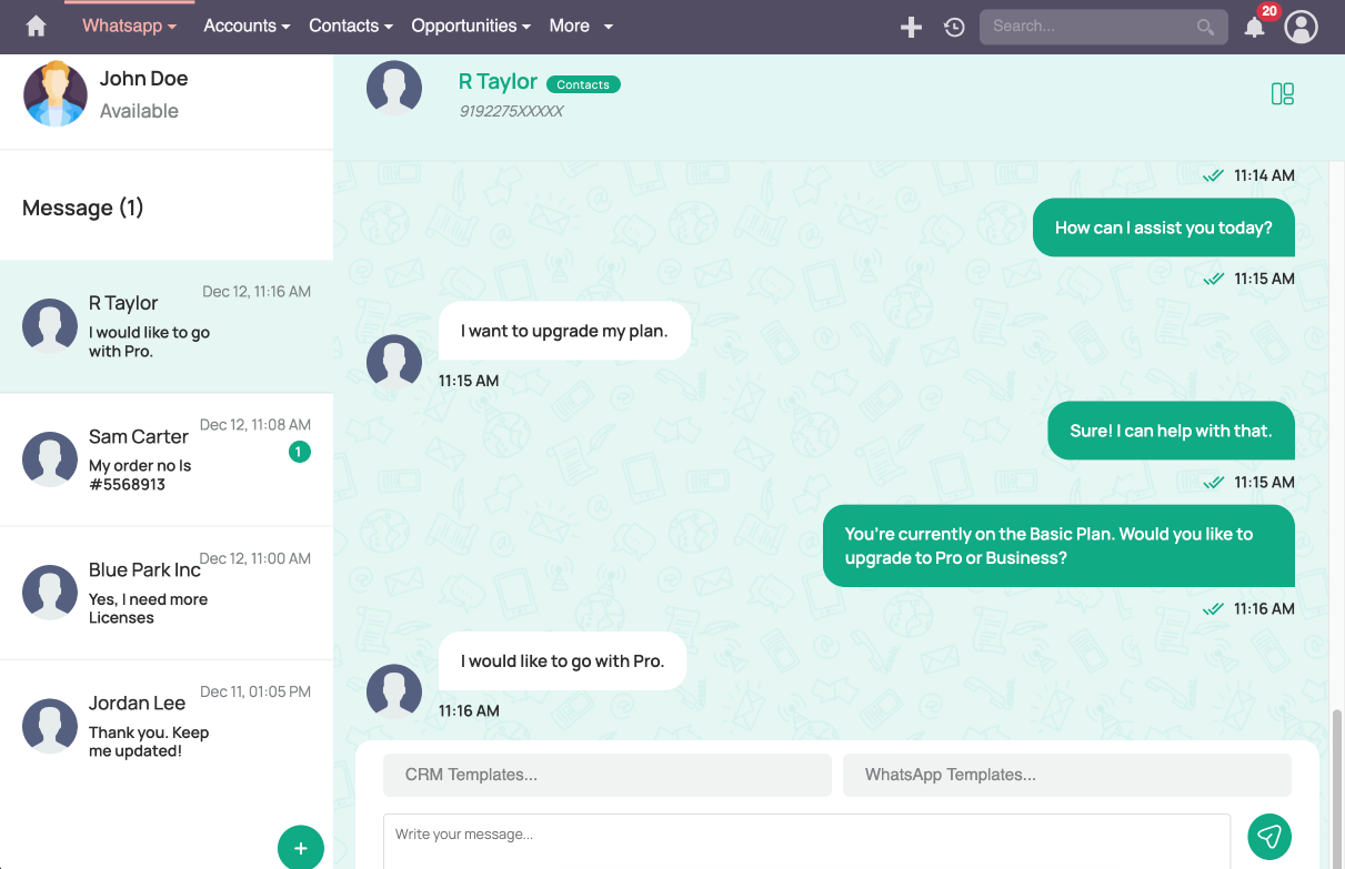 WhatsApp SuiteCRM agent conversation interface WhatsApp SuiteCRM agent conversation interface showing real-time messaging between customer and support team